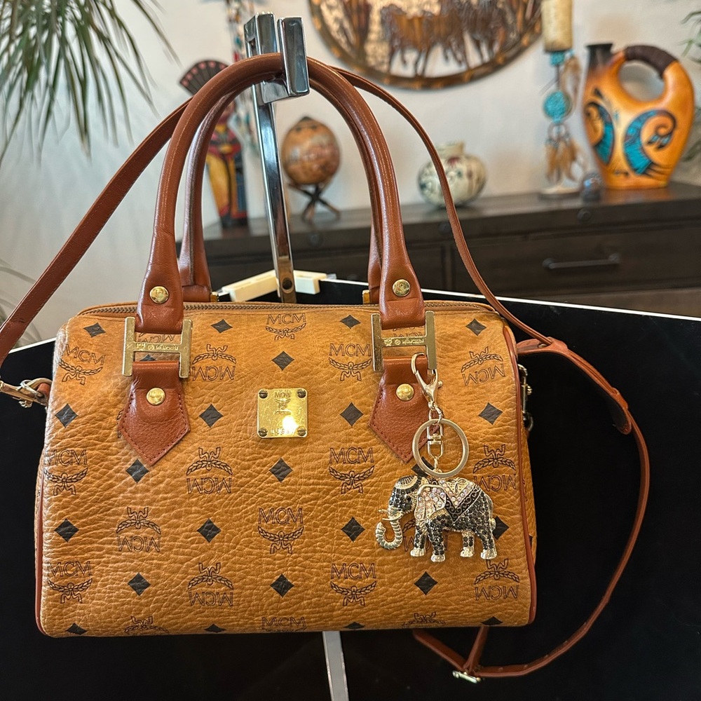 MCM Cognac Monogrammed Satchel with Brown Leather Trim Gorgeous